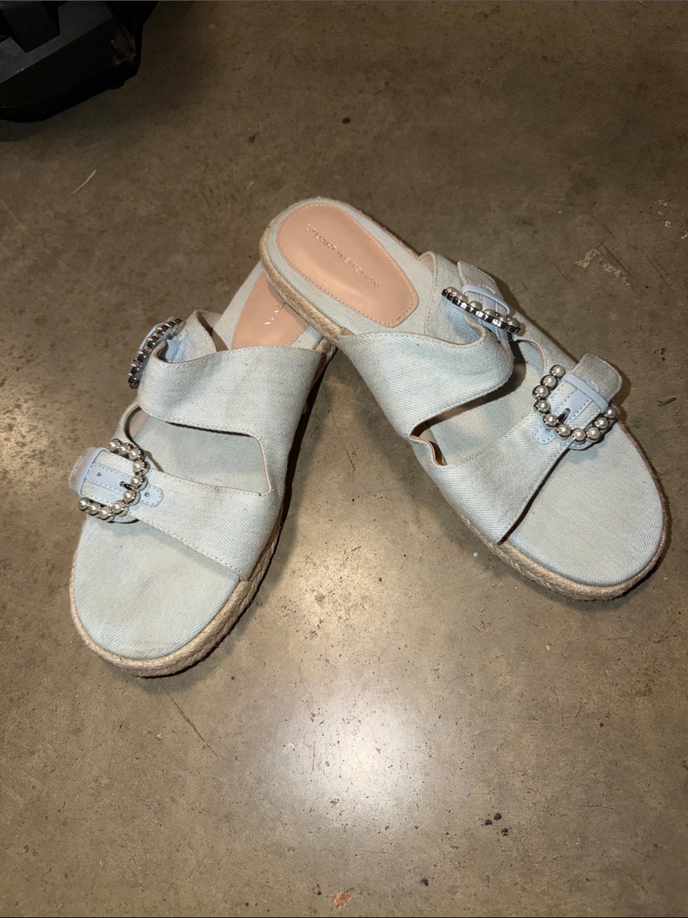 Stuart Weitzman Light Blue Slide Sandals with Beaded Buckles